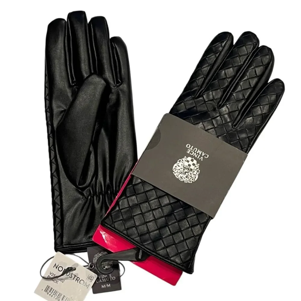 Vince Camuto Black Woven Gloves Faux Leather Fleece Lined Winter Dressy Classic